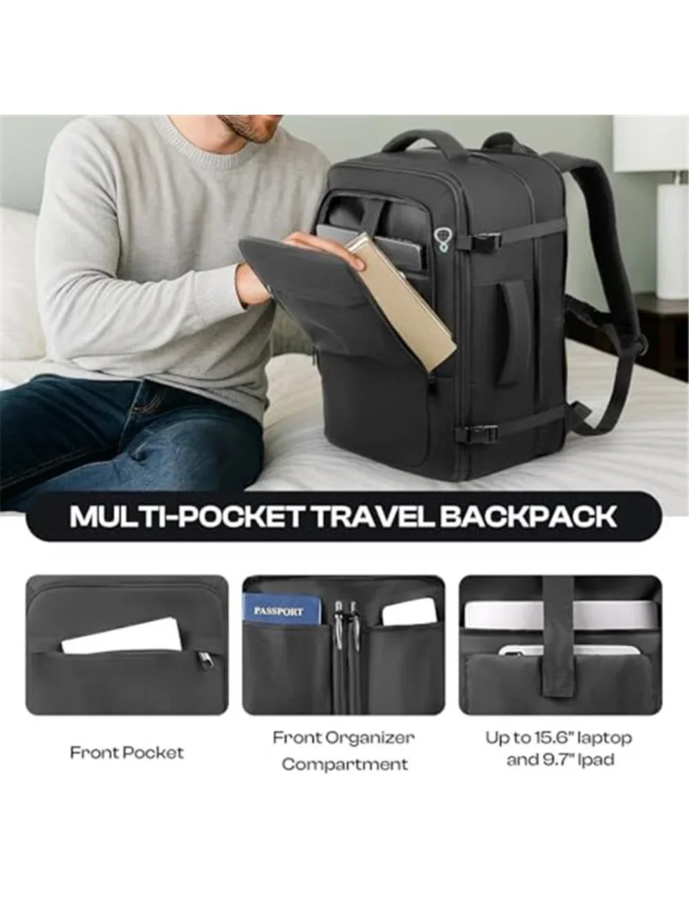 Expandable Travel Backpack Carry On TSA Approved 50L Laptop Luggage Bag Black